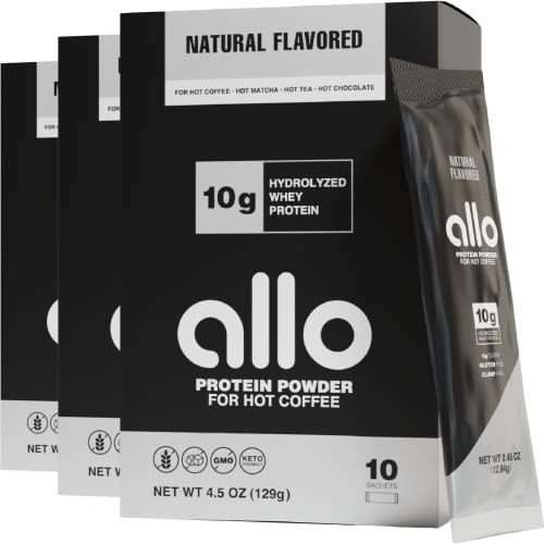 Allo Protein Powder for Hot Coffee (Natural Flavor) | Gluten-Free, Sugar-Free, Clump-Free | 10 Grams of Hydrolyzed Whey Protein Powder | Dissolves Smoothly in Hot Drinks | 30 Day Supply
