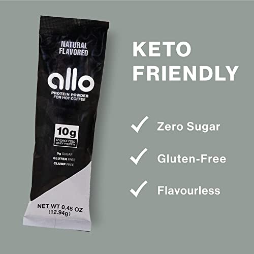 Allo Protein Powder for Hot Coffee (Natural Flavor) | Gluten-Free, Sugar-Free, Clump-Free | 10 Grams of Hydrolyzed Whey Protein Powder | Dissolves Smoothly in Hot Drinks | 30 Day Supply