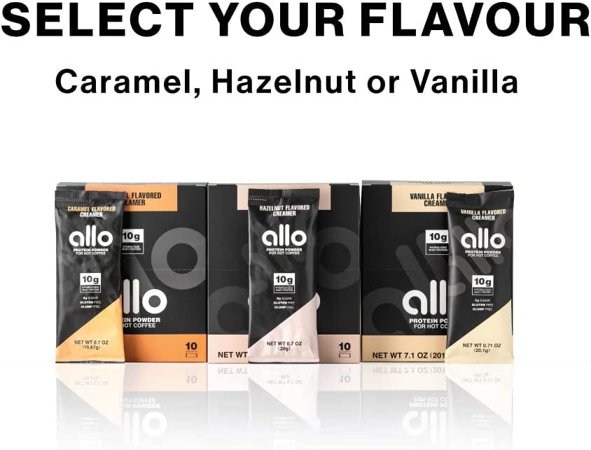 Allo Hazelnut Protein Powder for Hot Coffee | Gluten-Free, Sugar-Free, Clump-Free | 10 Grams of Hydrolyzed Whey Protein Powder | Dissolves Smoothly in Hot Drinks | 30 Day Supply