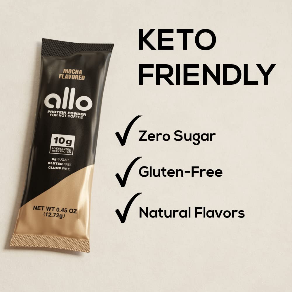 Allo Mocha Protein Powder for Hot & Cold Coffee, Tea, Drinks | Gluten-Free, Sugar-Free, Clump-Free | 10 Grams of Hydrolyzed Whey Protein Powder | Dissolves Smoothly in Hot Drinks | 30 Day Supply