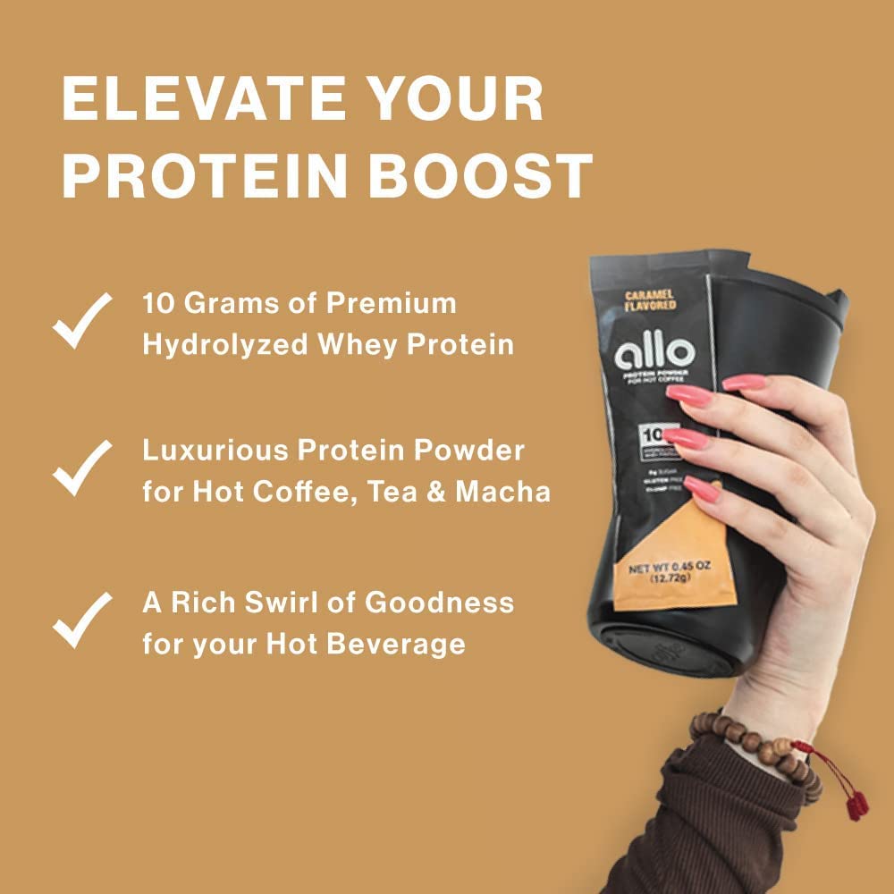 Allo Caramel Protein Powder for Hot Coffee | Gluten-Free, Sugar-Free, Clump-Free | 10 Grams of Hydrolyzed Whey Protein Powder | Dissolves Smoothly in Hot Drinks | 30 Day Supply