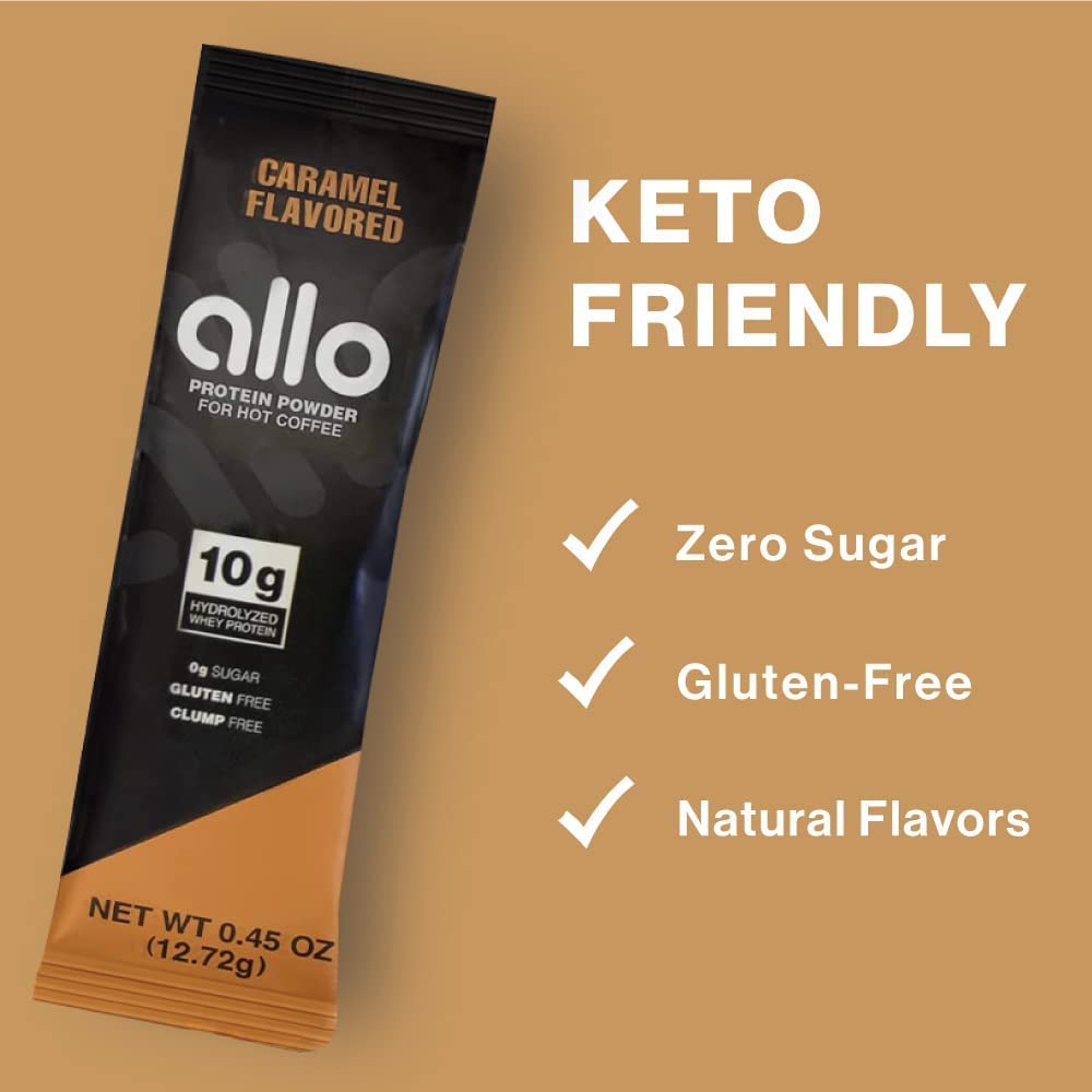 Allo Caramel Protein Powder for Hot Coffee | Gluten-Free, Sugar-Free, Clump-Free | 10 Grams of Hydrolyzed Whey Protein Powder | Dissolves Smoothly in Hot Drinks | 30 Day Supply