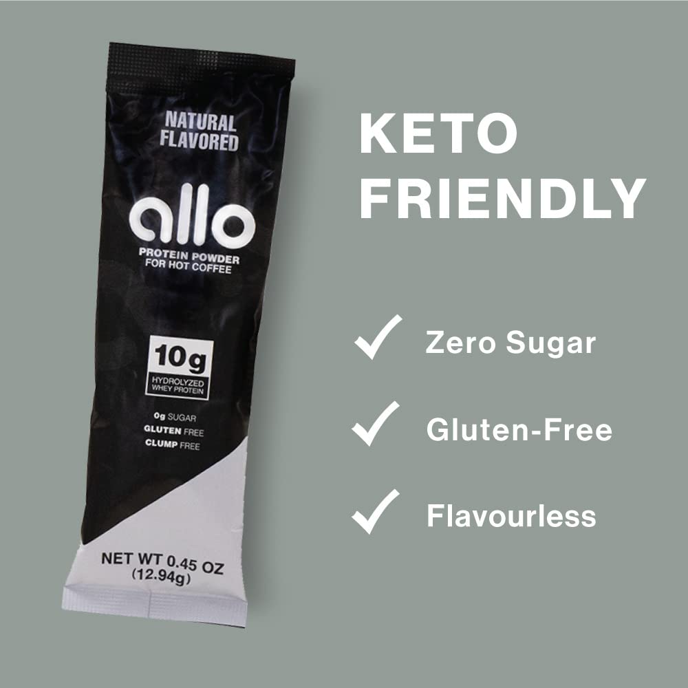 Allo Natural Protein Powder Coffee | Gluten-Free, Clump-Free, Sugar-Free | 10 Grams of Hydrolyzed Whey Protein Powder | Dissolves in Hot Lattes, Matcha, Tea, Hot Chocolate | 10 Per Box