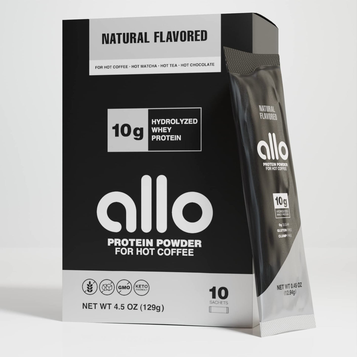 Allo Natural Protein Powder Coffee | Gluten-Free, Clump-Free, Sugar-Free | 10 Grams of Hydrolyzed Whey Protein Powder | Dissolves in Hot Lattes, Matcha, Tea, Hot Chocolate | 10 Per Box
