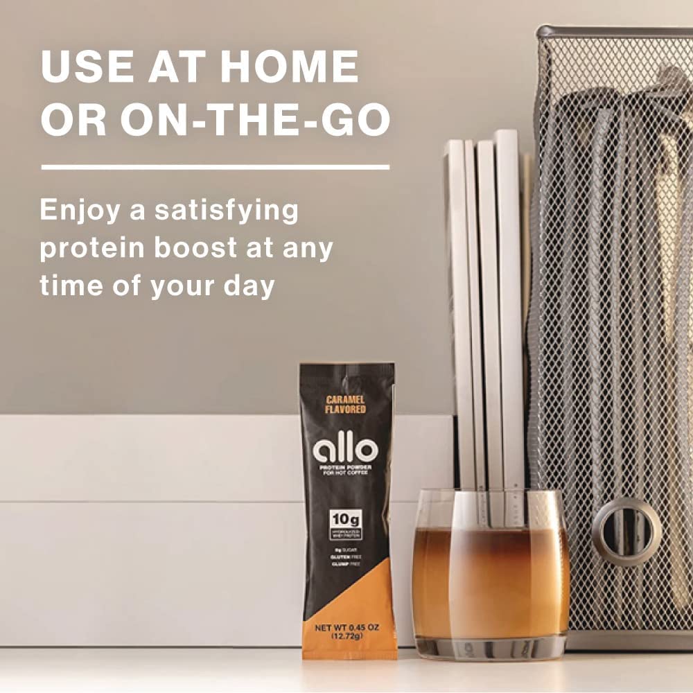 Allo Caramel Protein Powder for Hot Coffee | Gluten-Free, Sugar-Free, Clump-Free | 10 Grams of Hydrolyzed Whey Protein Powder | Dissolves Smoothly in Hot Drinks | 30 Day Supply