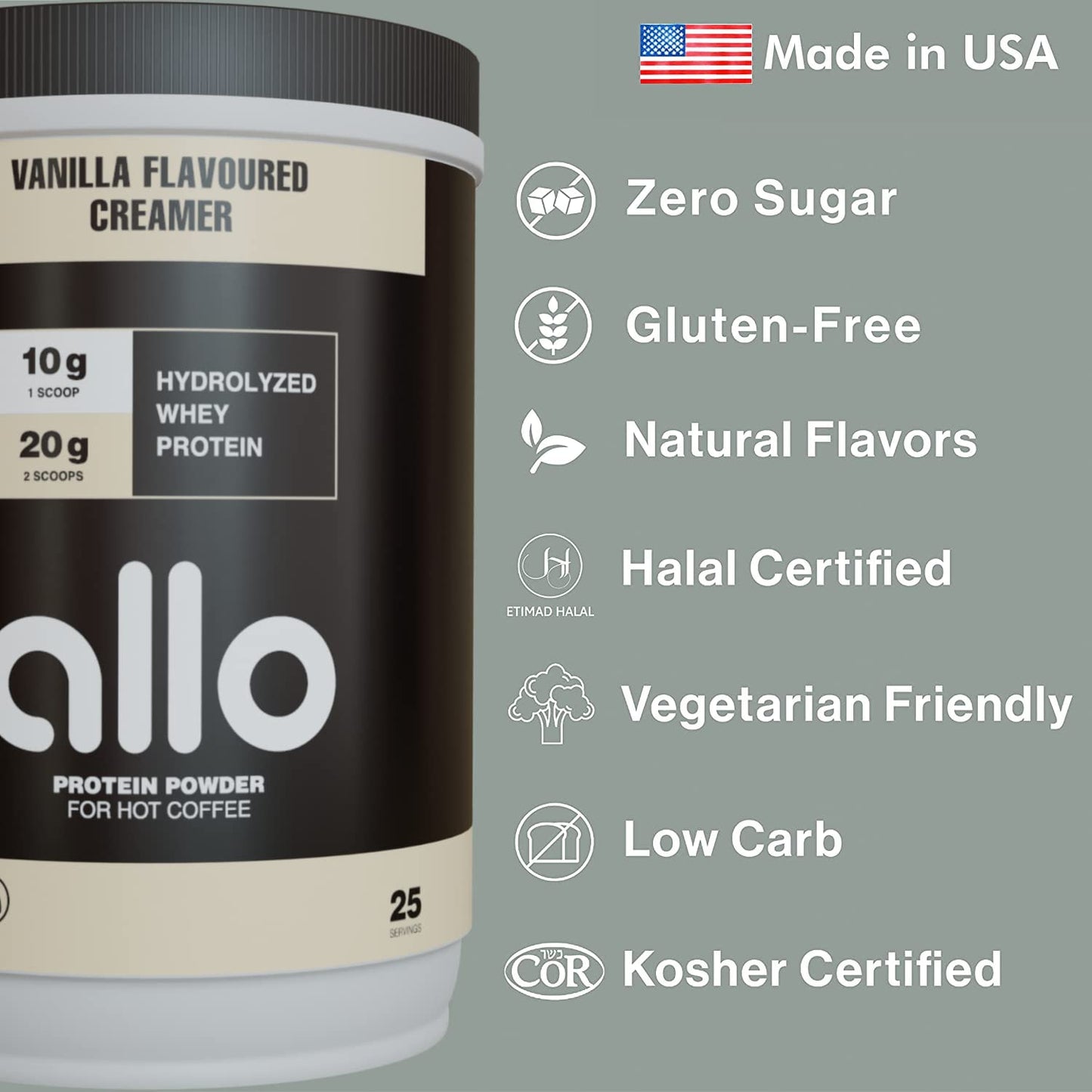 Allo Vanilla High Protein Powder Coffee Creamer for Hot & Cold Coffee, Tea, Chocolate, Drinks | Low Carb, Gluten-Free, Clump-Free, Sugar-Free | 20 Grams of Hydrolyzed Whey Protein Powder | 500g (2 Pack)