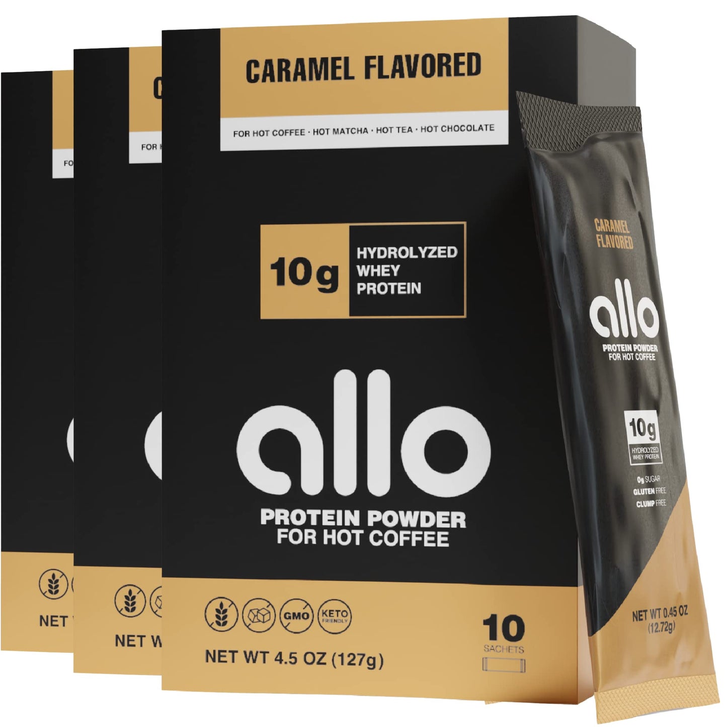 Allo Caramel Protein Powder for Hot Coffee | Gluten-Free, Sugar-Free, Clump-Free | 10 Grams of Hydrolyzed Whey Protein Powder | Dissolves Smoothly in Hot Drinks | 30 Day Supply
