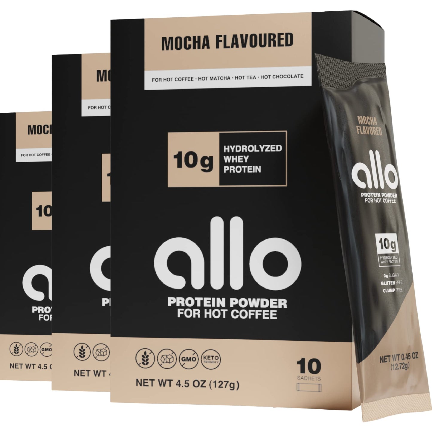 Allo Mocha Protein Powder for Hot & Cold Coffee, Tea, Drinks | Gluten-Free, Sugar-Free, Clump-Free | 10 Grams of Hydrolyzed Whey Protein Powder | Dissolves Smoothly in Hot Drinks | 30 Day Supply
