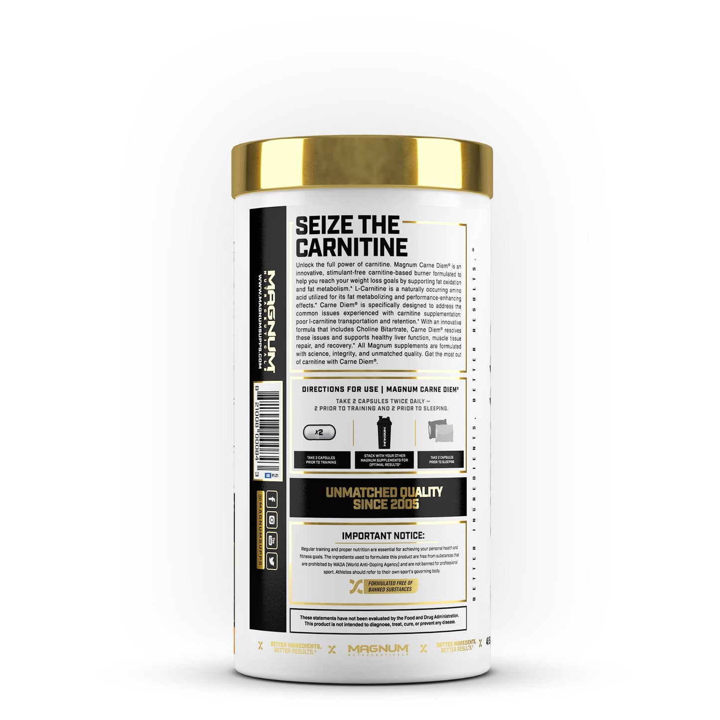 Side view, Carne Diem, Carnitine Burner, Seize the Carnitine, Unmatched Quality since 2005