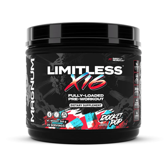 Magnum Limitless X16 pre-workout, Rocket Pop tub front