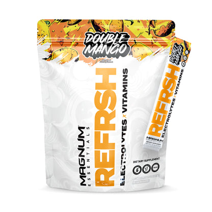 Magnum REFRSH Double Mango hydration drink mix, stick pack and pouch