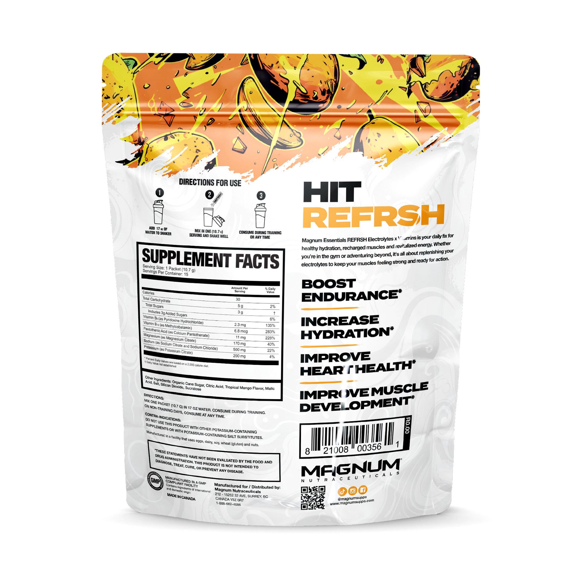 Magnum REFRSH Double Mango pouch, back panel with nutrition facts