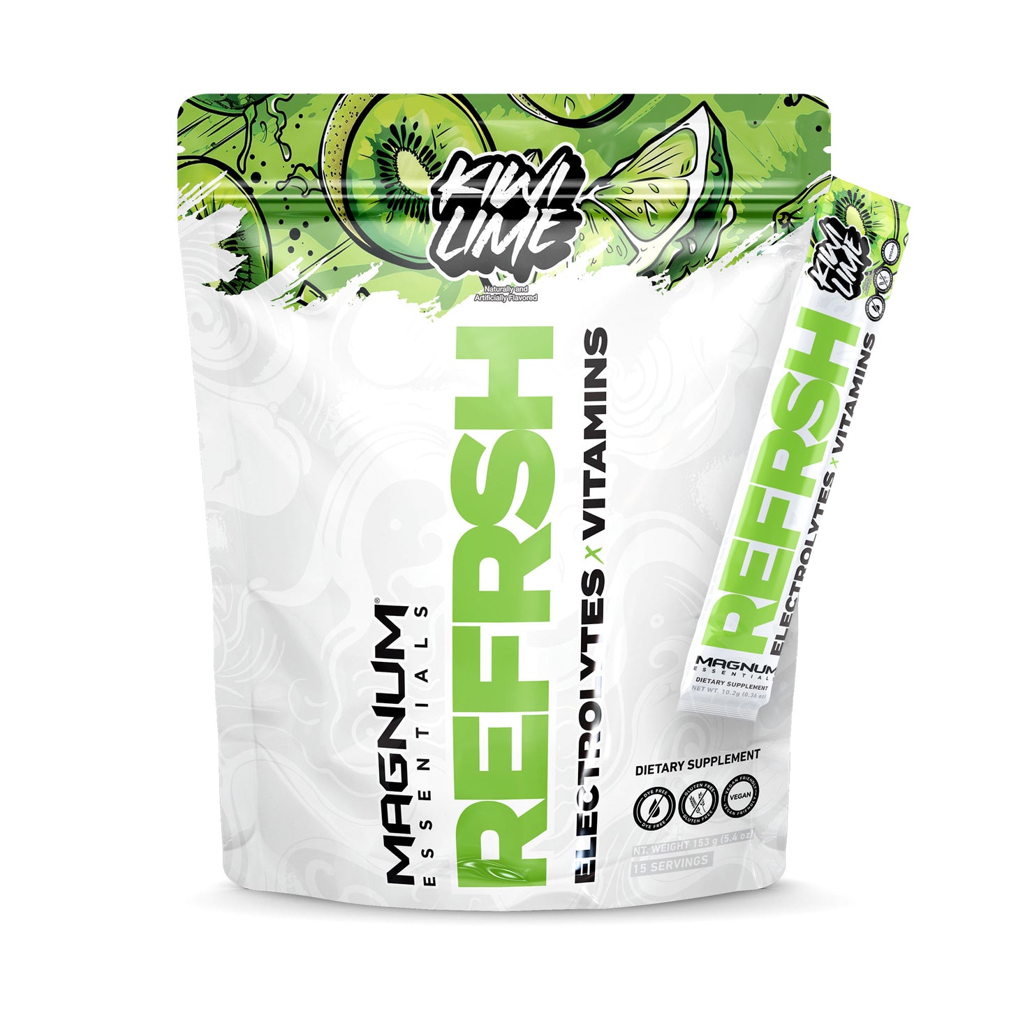 Magnum REFRSH Kiwi Lime hydration drink mix, stick pack and pouch