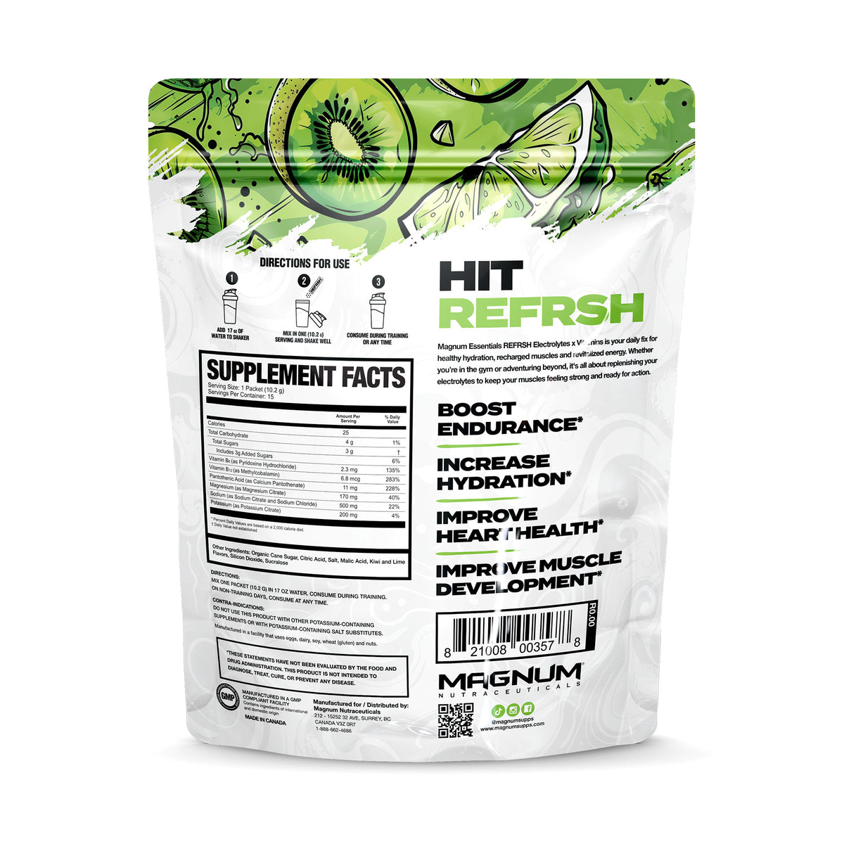 Magnum REFRSH Kiwi Lime pouch, back panel with nutrition facts