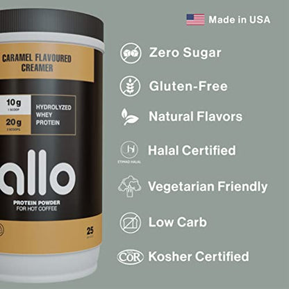 Allo Caramel High Protein Powder Coffee Creamer for Hot & Cold Coffee, Tea, Chocolate, Drinks | Low Carb, Gluten-Free, Clump-Free, Sugar-Free | 20 Grams of Hydrolyzed Whey Protein Powder | 500g (2 Pack)