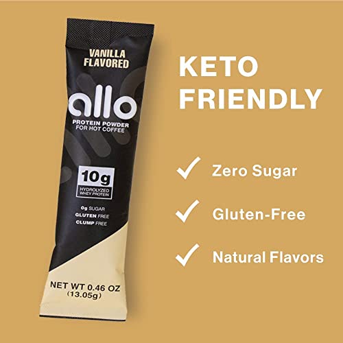 Allo Vanilla Protein Powder for Hot Coffee | Gluten-Free, Sugar-Free, Clump-Free | 10 Grams of Hydrolyzed Whey Protein Powder | Dissolves Smoothly in Hot Drinks | 30 Day Supply