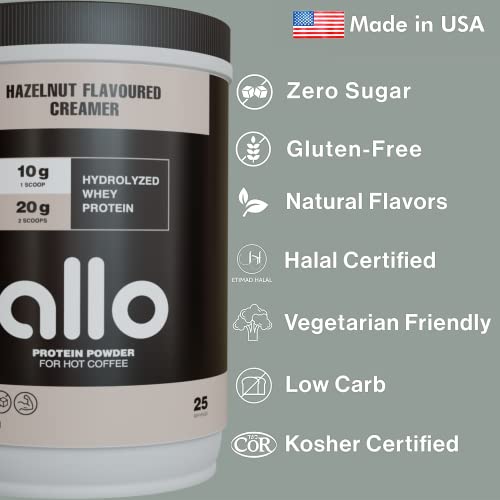 Allo Hazelnut High Protein Powder Coffee Creamer for Hot & Cold Coffee, Tea, Chocolate, Drinks | Low Carb, Gluten-Free, Clump-Free, Sugar-Free | 20 Grams of Hydrolyzed Whey Protein Powder | 500g (2 Pack)