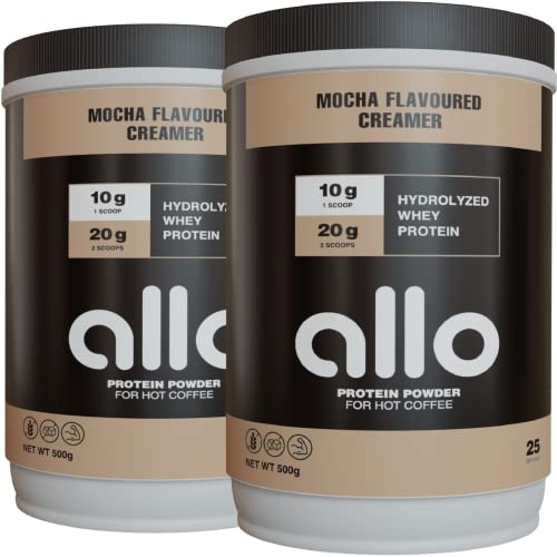 Allo Mocha High Protein Powder Coffee Creamer for Hot & Cold Coffee, Tea, Chocolate, Drinks | Low Carb, Gluten-Free, Clump-Free, Sugar-Free | 20 Grams of Hydrolyzed Whey Protein Powder | 500g (2 Pack)