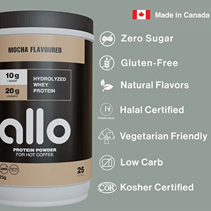 Allo Mocha High Protein Powder Tub for Hot & Cold Coffee, Tea, Drinks | Keto-Friendly, Sugar-Free, Clump-Free | 20 Grams of Hydrolyzed Whey Protein Powder | Dissolves Smoothly in Hot Drinks | 325g (2 pack)