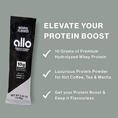 Allo Protein Powder for Hot Coffee (Natural Flavor) | Gluten-Free, Sugar-Free, Clump-Free | 10 Grams of Hydrolyzed Whey Protein Powder | Dissolves Smoothly in Hot Drinks | 30 Day Supply