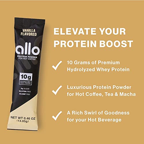 Allo Vanilla Protein Powder for Hot Coffee | Gluten-Free, Sugar-Free, Clump-Free | 10 Grams of Hydrolyzed Whey Protein Powder | Dissolves Smoothly in Hot Drinks | 30 Day Supply