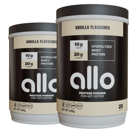 Allo Vanilla High Protein Powder Tub for Hot Coffee | Gluten-Free, Clump-Free, Sugar-Free | 20 Grams of Hydrolyzed Whey Protein Powder | Dissolves in Hot Lattes, Matcha, Tea, Hot Chocolate | 325g (2 pack)