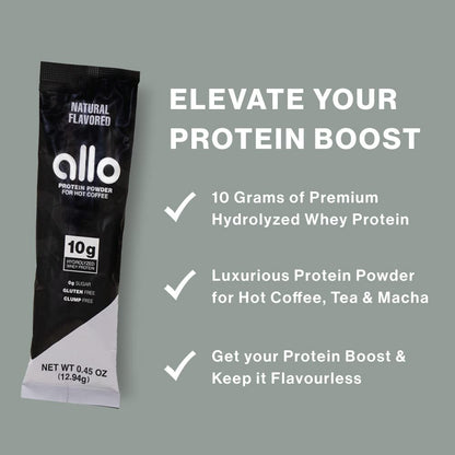 Allo Natural Protein Powder Coffee | Gluten-Free, Clump-Free, Sugar-Free | 10 Grams of Hydrolyzed Whey Protein Powder | Dissolves in Hot Lattes, Matcha, Tea, Hot Chocolate | 10 Per Box