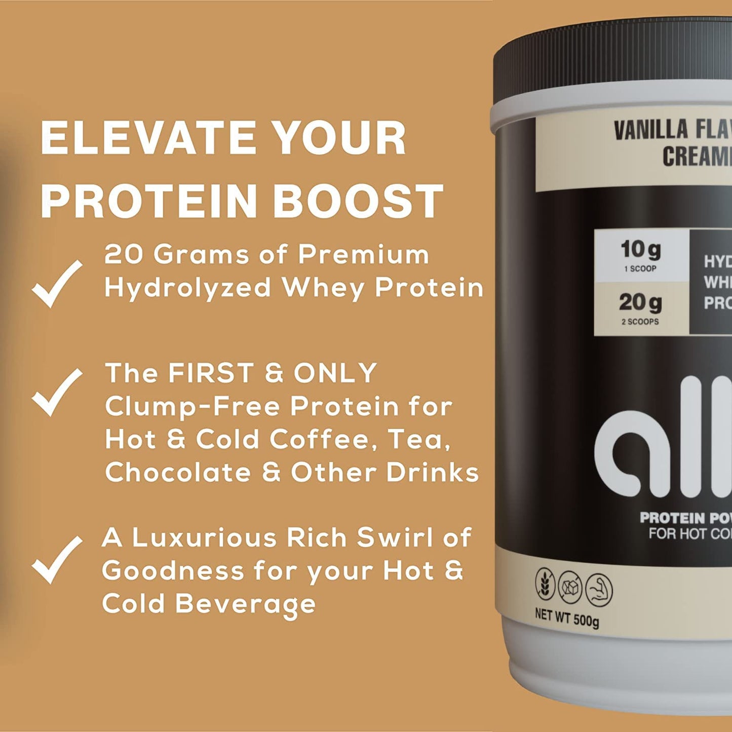 Allo Vanilla High Protein Powder Coffee Creamer for Hot & Cold Coffee, Tea, Chocolate, Drinks | Low Carb, Gluten-Free, Clump-Free, Sugar-Free | 20 Grams of Hydrolyzed Whey Protein Powder | 500g (2 Pack)