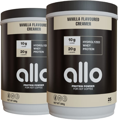 Allo Vanilla High Protein Powder Coffee Creamer for Hot & Cold Coffee, Tea, Chocolate, Drinks | Low Carb, Gluten-Free, Clump-Free, Sugar-Free | 20 Grams of Hydrolyzed Whey Protein Powder | 500g (2 Pack)