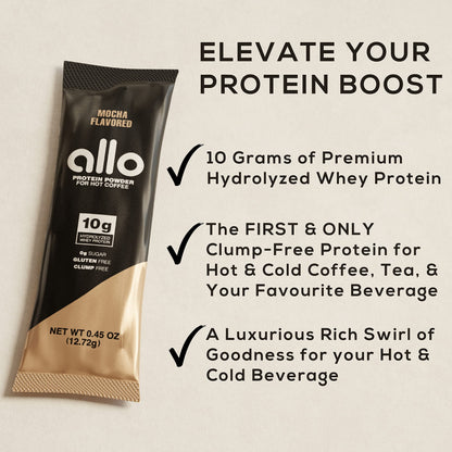 Allo Mocha Protein Powder for Hot & Cold Coffee, Tea, Drinks | Gluten-Free, Sugar-Free, Clump-Free | 10 Grams of Hydrolyzed Whey Protein Powder | Dissolves Smoothly in Hot Drinks | 30 Day Supply