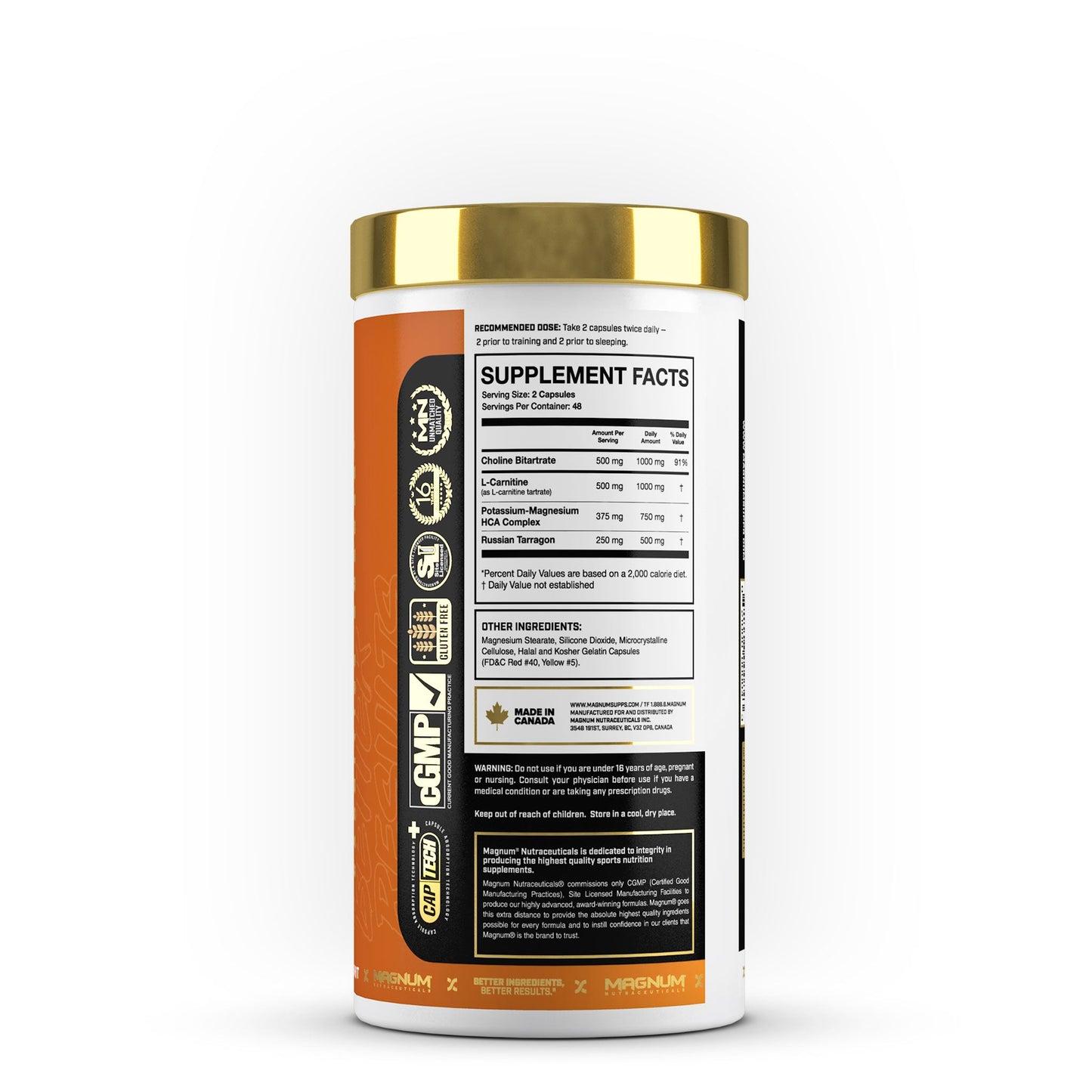 Side view, Carne Diem, Carnitine Burner, supplement facts, Made in Canada