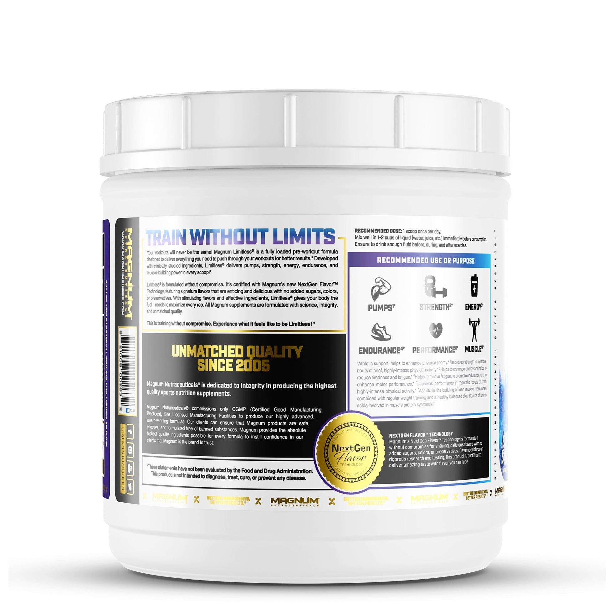 Magnum Limitless Electric Blue Razz tub, right side with supplement facts