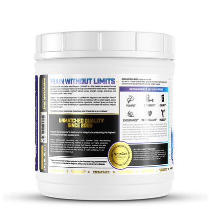 Magnum Limitless Electric Blue Razz tub, right side with supplement facts