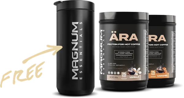 ÄRA Vanilla and Rich Caramel tubs with a free Magnum Essentials tumbler