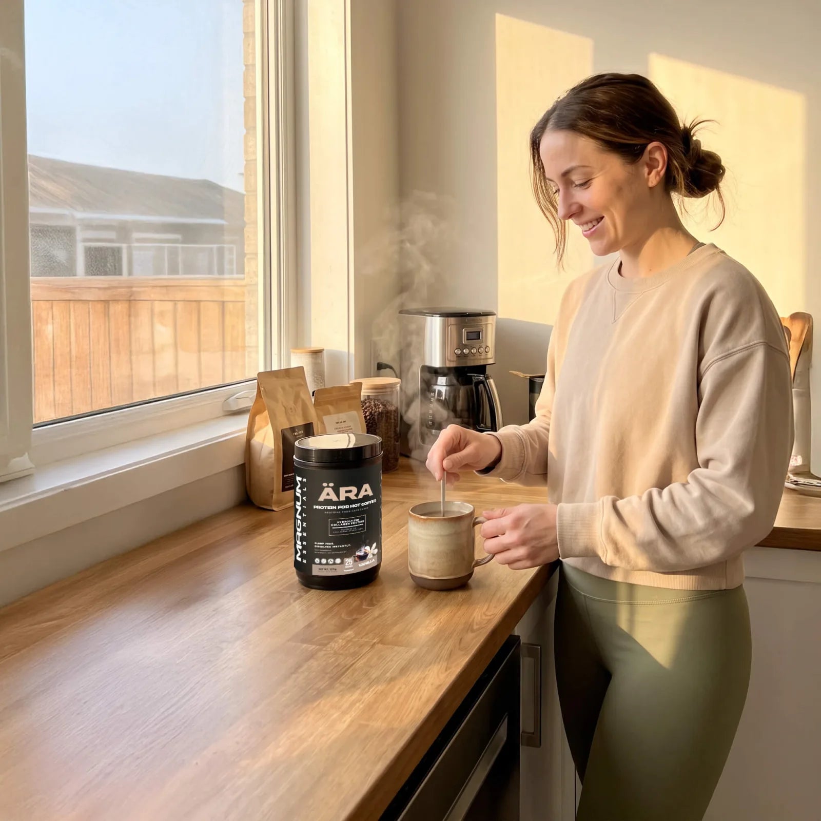 A smiling woman stirring ÄRA into a stoneware mug of coffee at a sunlit kitchen counter, the ÄRA vanilla tub beside her